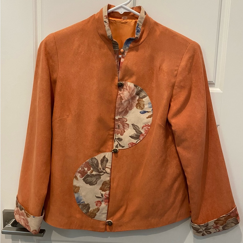 Qipiao Cheongsam Button Collar Shirt Orange Floral Women’s M